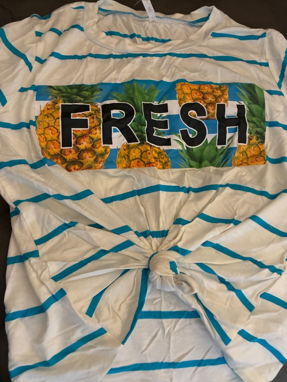 Love Nation White & Teal Striped Tee with Pineapple FRESH Graphic